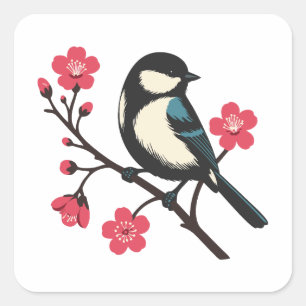 Cherry Blommar Bird - Vår Serenity Art Fyrkantigt Klistermärke