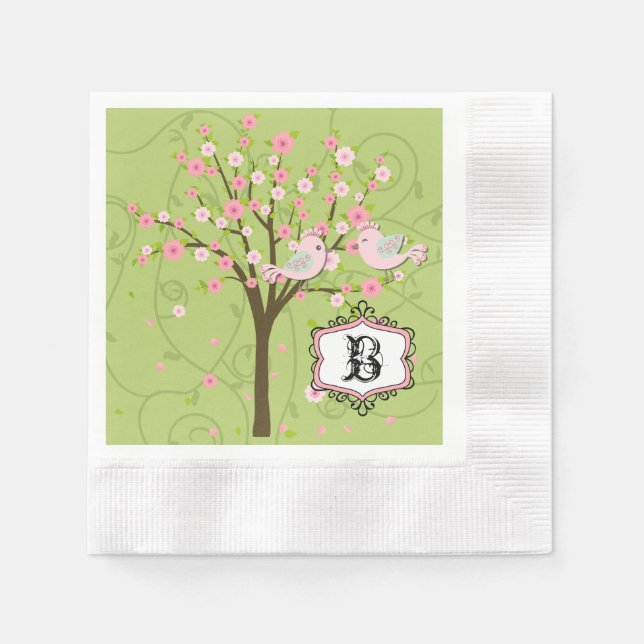 Cherry Blommar Birds Bröllop Pappra Napkins Pappersservett (Framsidan)