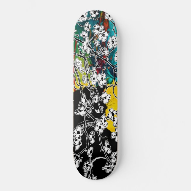Cherry Blommar Black Cat Abstrakt Blommigt Mini Skateboard Bräda 18,5 Cm (Framsida)