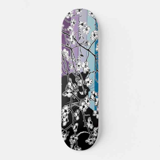 Cherry Blommar Black Cat Blommigt Rand Lila Mini Skateboard Bräda 18,5 Cm (Framsida)