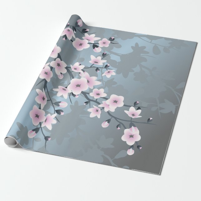 Cherry Blommar Blommigt Dusty Rosa Blue Presentpapper (Utrullad)