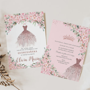 Cherry Blommar Blommigt Ro Dress Quinceañera Inbjudningar
