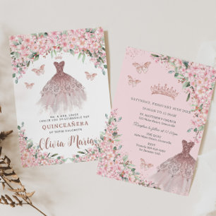 Cherry Blommar Blommigt Ro Dress Quinceañera Inbjudningar