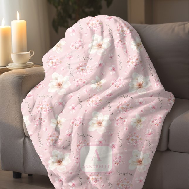 Cherry Blommar Blommigt Sakura Vår Monogram Rosa Fleecefilt (Cherry Blossom Floral Sakura Spring Monogram Pink Fleece Blanket)