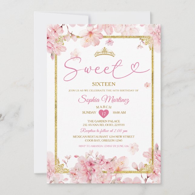 Cherry Blommar Blommigt Sweet 16th Girl Birthday Inbjudningar (Framsida)