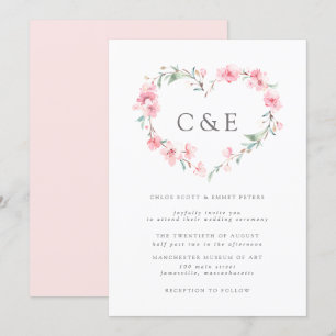 Cherry Blommar Botanical Heart Monogram Bröllop Inbjudningar
