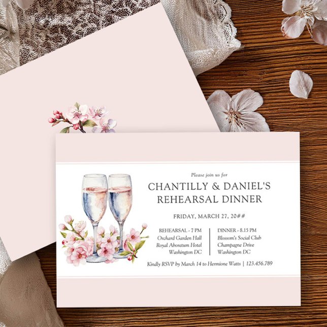 Cherry Blommar Champagne Bröllop Rehearsal Dinner Inbjudningar (Wedding Rehearsal Dinner Invitation from the Cherry Blossom Wedding Collection by Darling & May)