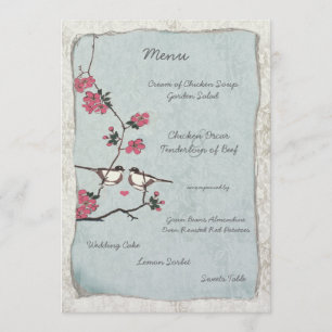 Cherry Blommar Chickadee Damask Wedding Menu Meny