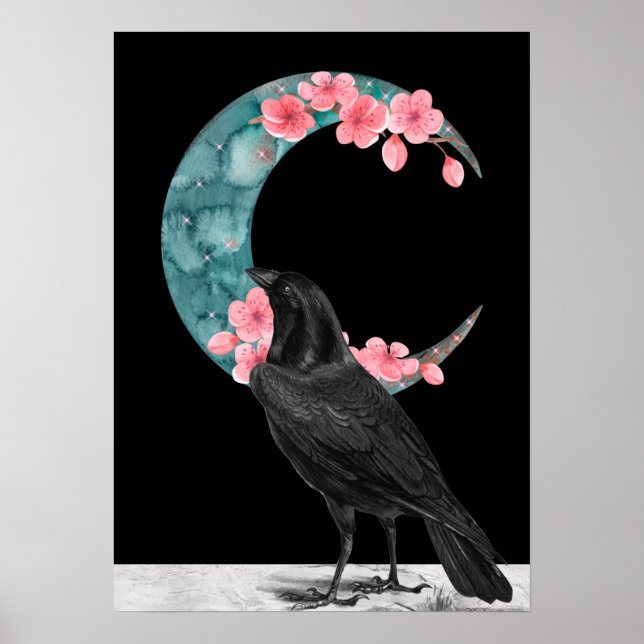 Cherry Blommar Crescent Måne och Kråka Poster (Framsidan)
