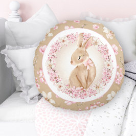 Cherry Blommar Cute Bunny Rosa Beige Nursery Rund Kudde