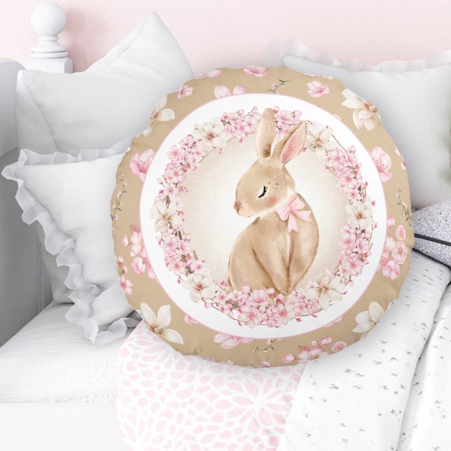 Cherry Blommar Cute Bunny Rosa Beige Nursery Rund Kudde (Cherry Blossom Cute Bunny Pink Beige Nursery Round Pillow)