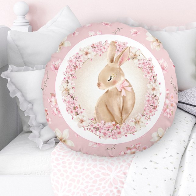 Cherry Blommar Cute Bunny Rosa Nursery Rund Kudde (Cherry Blossom Cute Bunny Pink Nursery Round Pillow)
