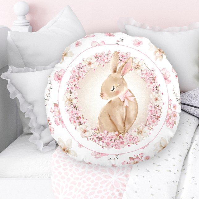 Cherry Blommar Cute Bunny White Rosa Nursery Rund Kudde (Cherry Blossom Cute Bunny White Pink Nursery Round Pillow)