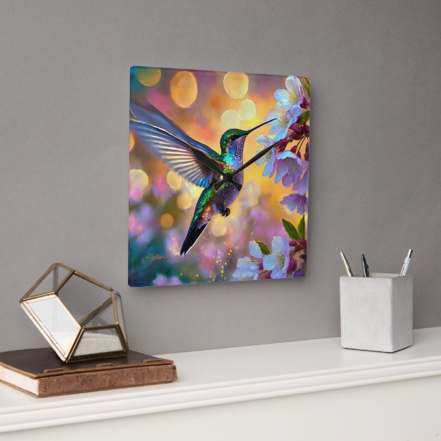 Cherry Blommar Fantasy Hummingbird Fyrkantig Klocka (Kontor)