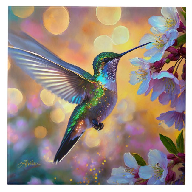 Cherry Blommar Fantasy Hummingbird Kakelplatta (Framsidan)