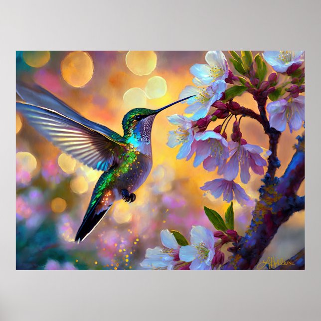 Cherry Blommar Fantasy Hummingbird Poster (Framsidan)