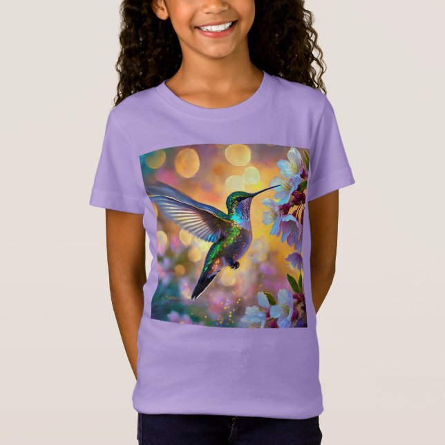 Cherry Blommar Fantasy Hummingbird T Shirt (Framsida)