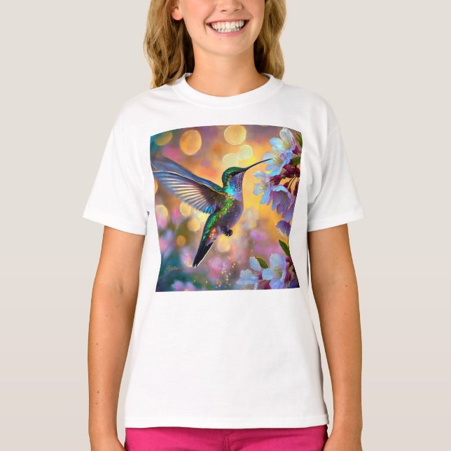 Cherry Blommar Fantasy Hummingbird T Shirt (Framsida)