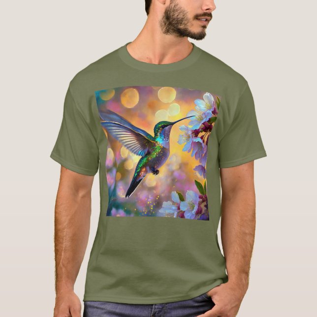 Cherry Blommar Fantasy Hummingbird T Shirt (Framsida)