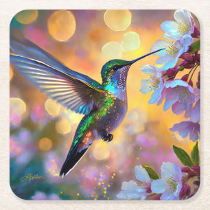Cherry Blommar Fantasy Hummingbird Underlägg Papper Kvadrat