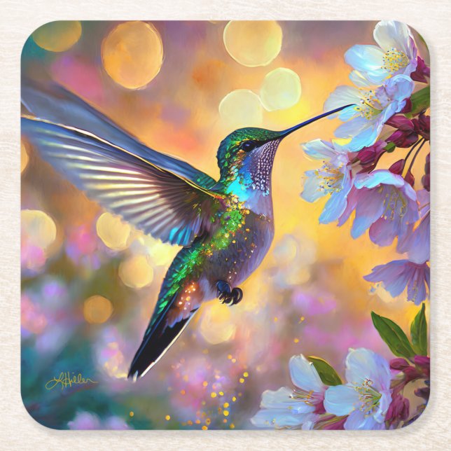 Cherry Blommar Fantasy Hummingbird Underlägg Papper Kvadrat (Framsidan)