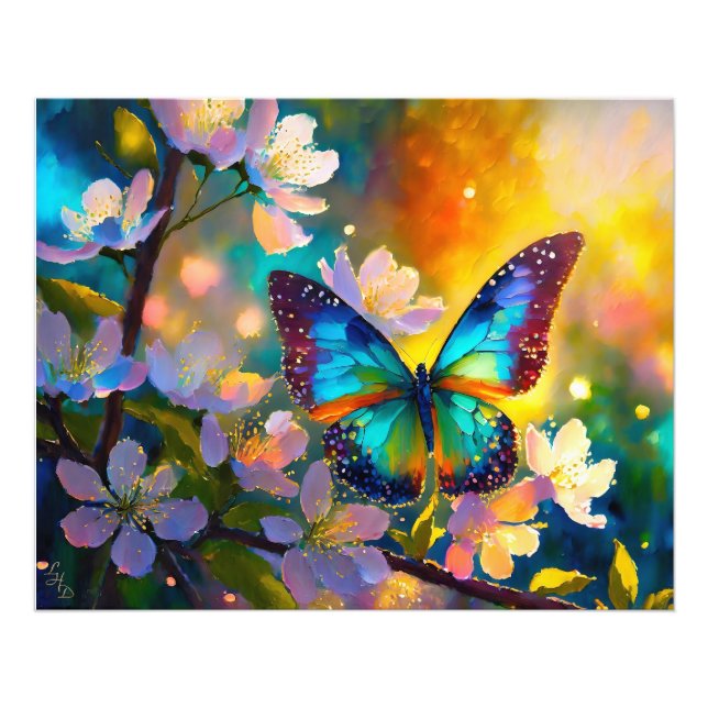 Cherry Blommar Fantasy Sunrise Butterfly Fototryck (Framsidan)