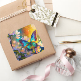 Cherry Blommar Fantasy Sunrise Butterfly Fyrkantigt Klistermärke