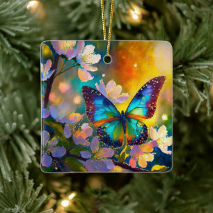 Cherry Blommar Fantasy Sunrise Butterfly Julgransprydnad Keramik