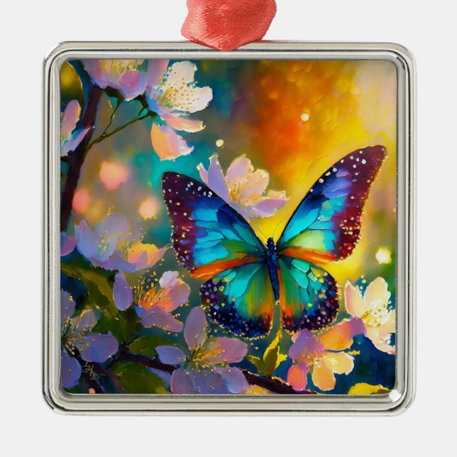 Cherry Blommar Fantasy Sunrise Butterfly Julgransprydnad Metall (Framsidan)