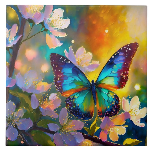 Cherry Blommar Fantasy Sunrise Butterfly Kakelplatta (Framsidan)