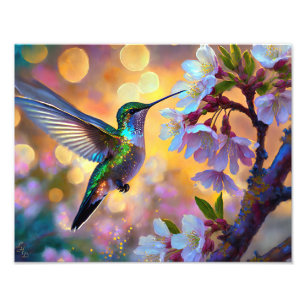 Cherry Blommar Fantasy Sunrise Hummingbird Fototryck