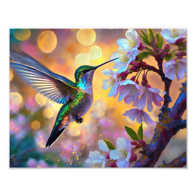 Cherry Blommar Fantasy Sunrise Hummingbird Fototryck (Framsidan)