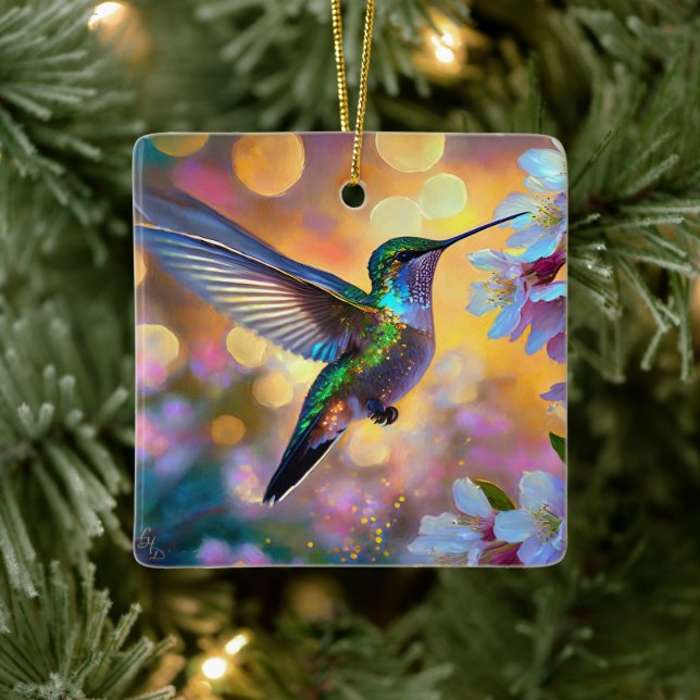 Cherry Blommar Fantasy Sunrise Hummingbird Julgransprydnad Keramik (Träd)