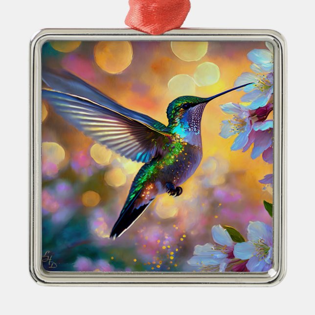 Cherry Blommar Fantasy Sunrise Hummingbird Julgransprydnad Metall (Framsidan)