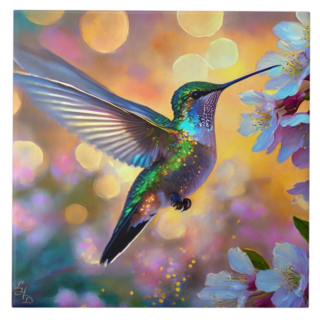 Cherry Blommar Fantasy Sunrise Hummingbird Kakelplatta (Framsidan)