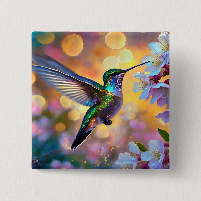 Cherry Blommar Fantasy Sunrise Hummingbird Knapp (Framsida)