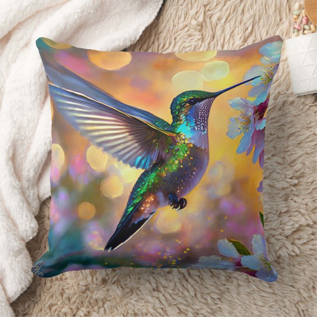 Cherry Blommar Fantasy Sunrise Hummingbird Kudde (Filt)