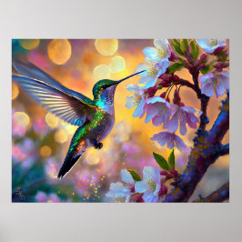 Cherry Blommar Fantasy Sunrise Hummingbird Poster