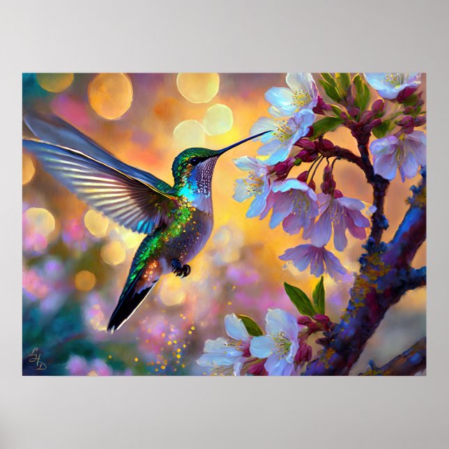 Cherry Blommar Fantasy Sunrise Hummingbird Poster (Framsidan)