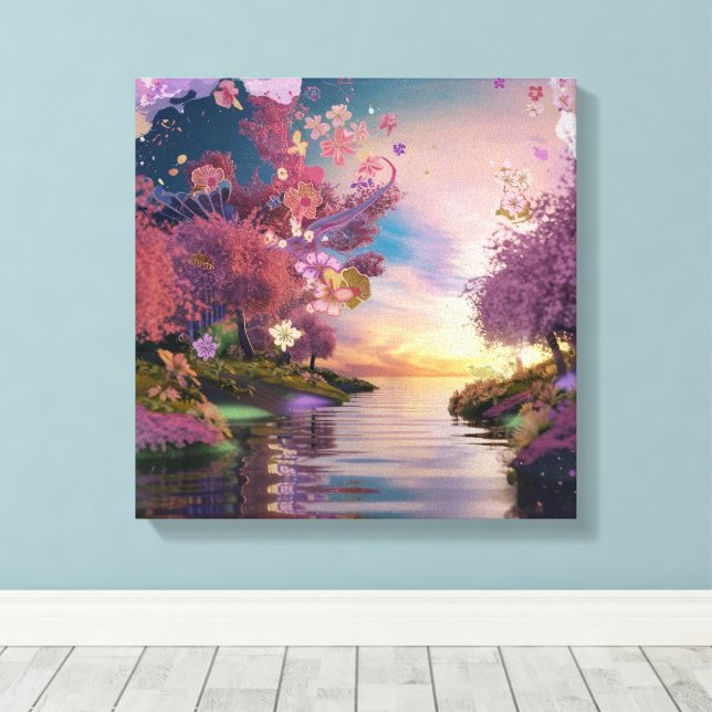 Cherry Blommar Fantasy: Tranquil Sunset Scene Canvastryck (Insitu (trägolv))