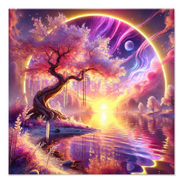 Cherry Blommar Fantasy: Tranquil Sunset Scene Fototryck