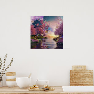 Cherry Blommar Fantasy: Tranquil Sunset Scene Poster