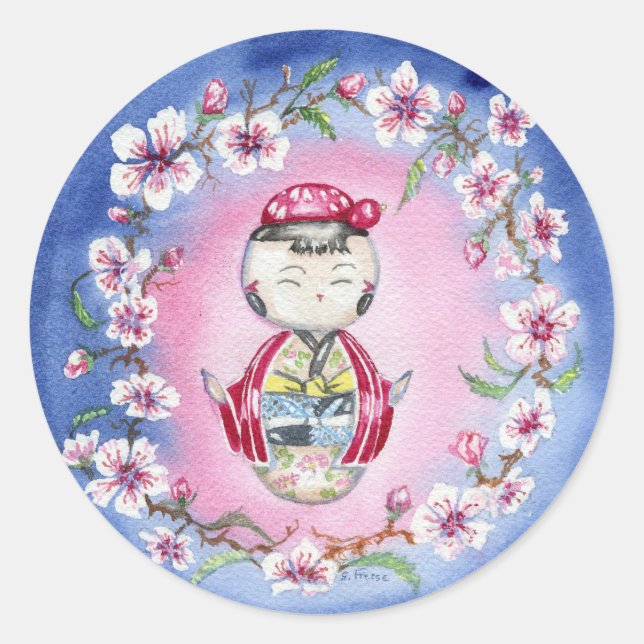 "Cherry Blommar"-fästen Runt Klistermärke (Framsida)