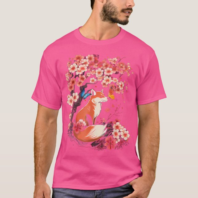 Cherry Blommar Flower Sakura Kawaii Japanska Fox T Shirt (Framsida)