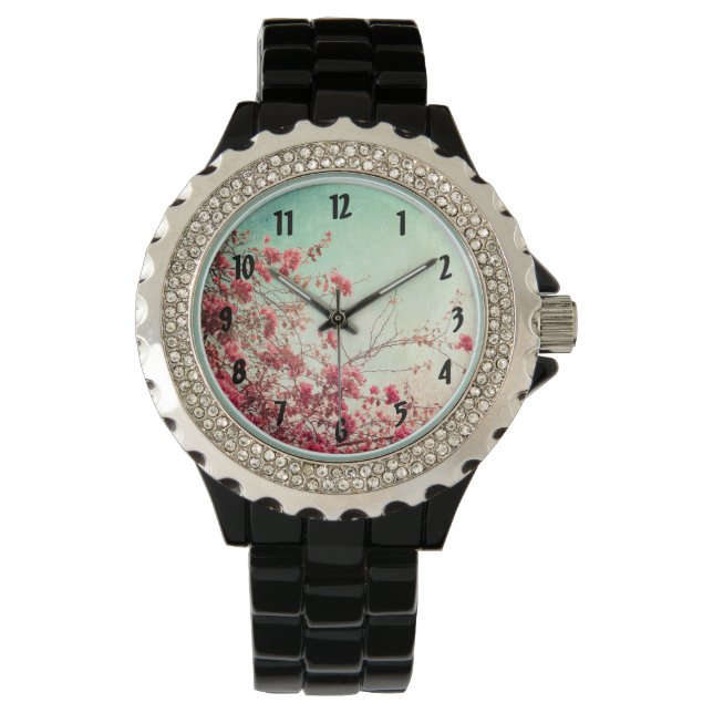 Cherry Blommar Flowers Blommigt Red Blue Wrist Wat Armbandsur (Framsida)