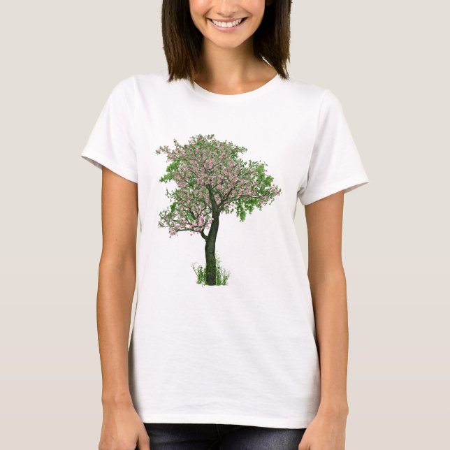 Cherry Blommar Flowers Träd Grenar Löv T Shirt (Framsida)