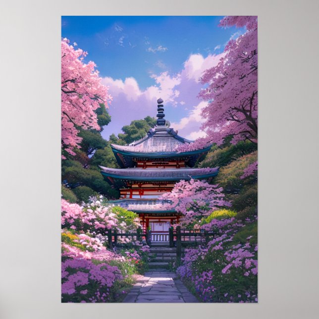 Cherry Blommar Garden and Wooden Temple Poster (Framsidan)