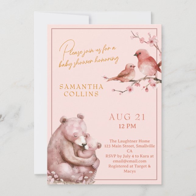 Cherry Blommar Girl Woodland Baby Shower Inbjudningar (Framsida)