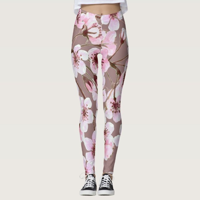 Cherry Blommar Grenar Watercolor Mönster Leggings (Framsida)