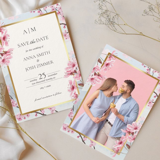 Cherry Blommar Japan Elegant  Guld Photo Spara Datumet (Cherry Blossom Wedding Save the Date Photo)